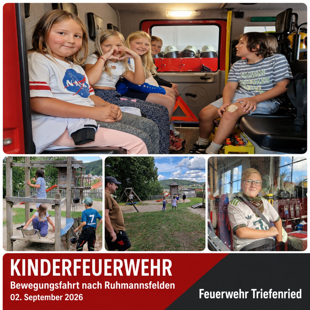 Bildercollage der Bewegungsfahrt der Kinderfeuerwehr Triefenried nach Ruhmannsfelden am 2. September 2026